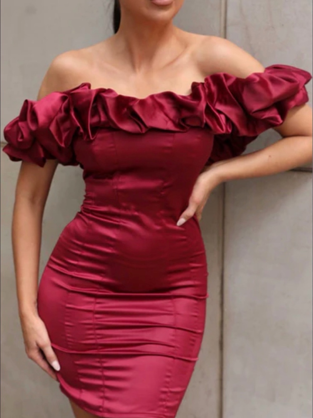 One-Shoulder Ruffle Bodycon Dress in Wine